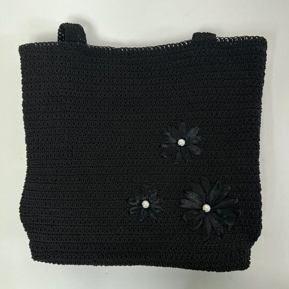Vintage Y2K Black Boho Woven Knit Beachy Floral Cottagecore Sack Tote Bag Purse - Picture 2 of 6